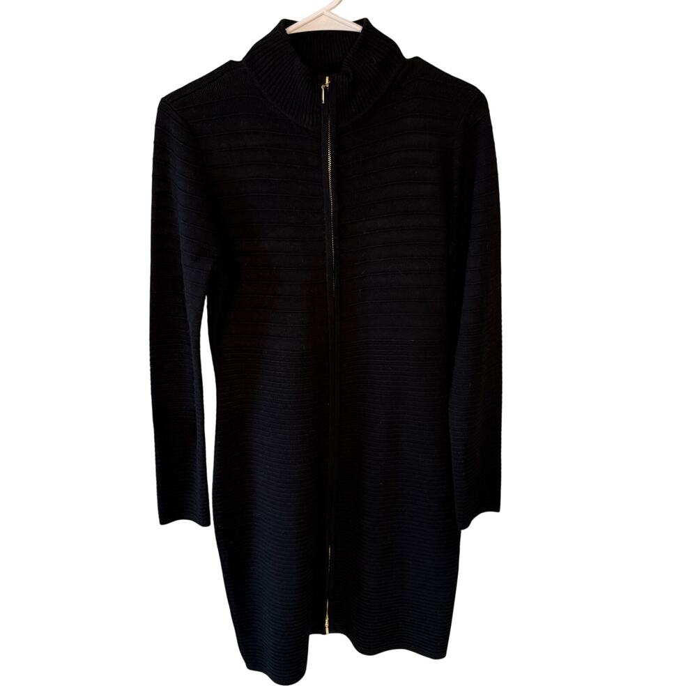 Calvin Klein Long Sleeve Black Ribbed Sweater Dress w/ Zipper, Size L, EUC